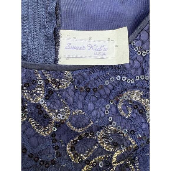 Sweet Kids Girls Blue Gold Lace Long Sleeve Midi Dress Sz 6 USA Formal Holidays - Picture 10 of 11